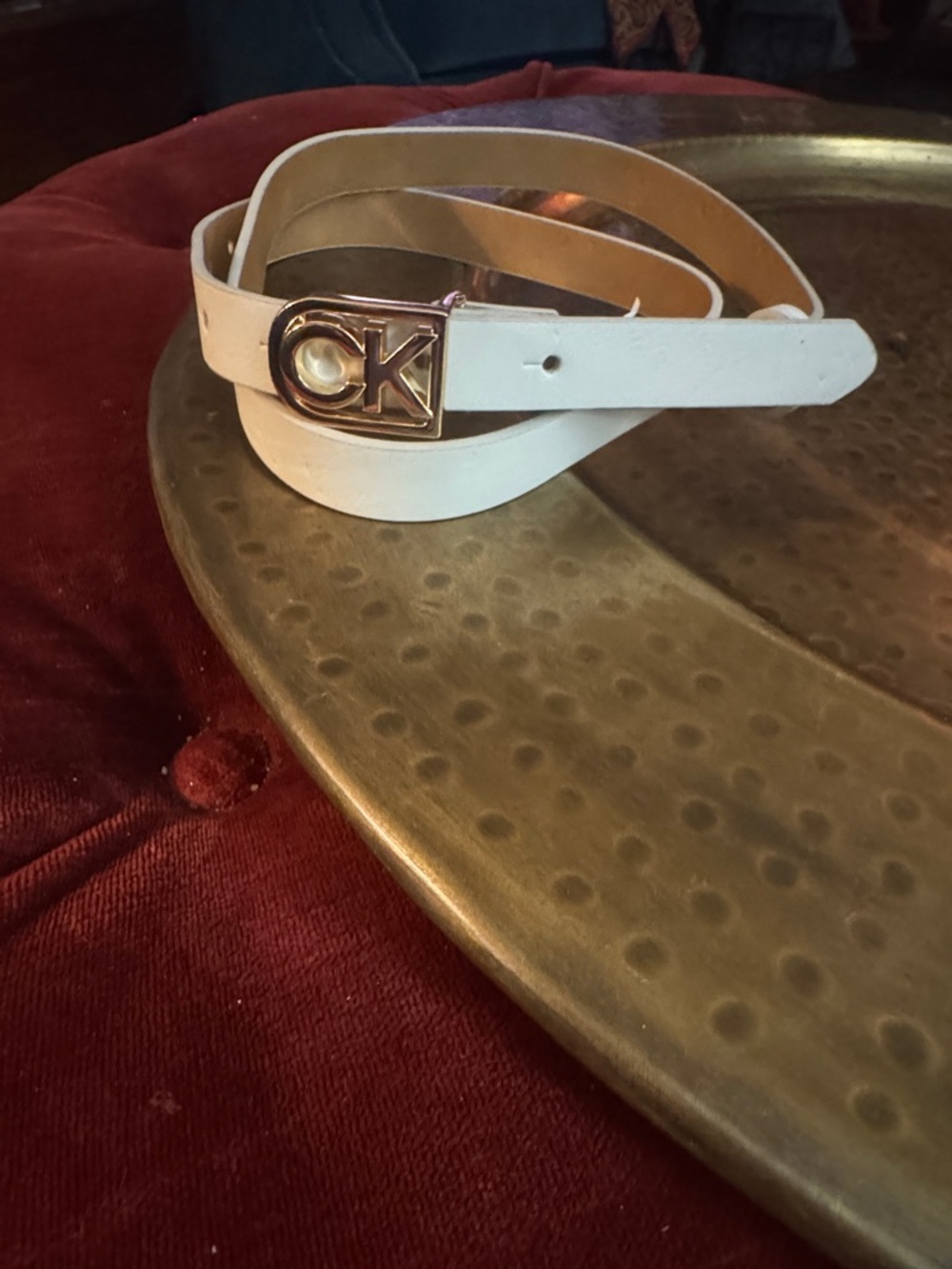 Calvin Klein Cream Leather Belt with Gold CK Logo Buckle